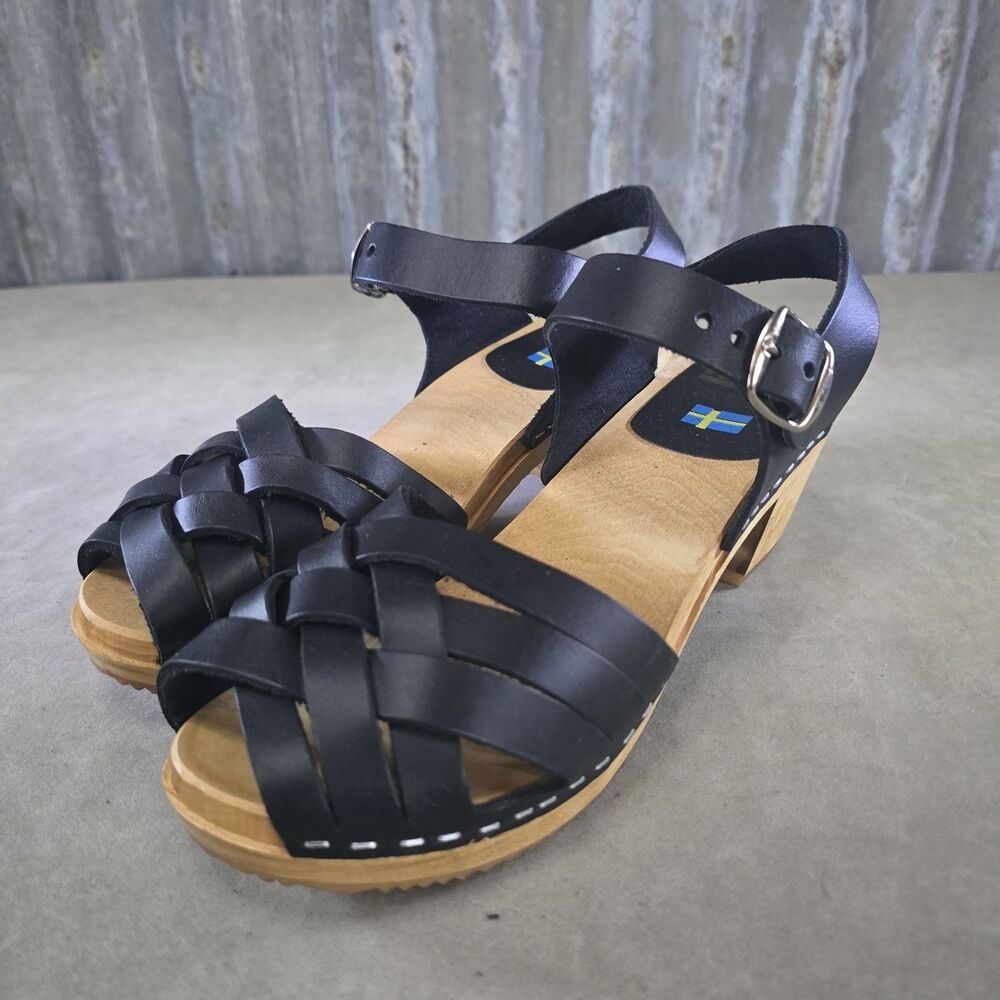 MIA Bety Black Leather Woven Swedish Wood Clogs Sandals Womens Size 40 Sz 10